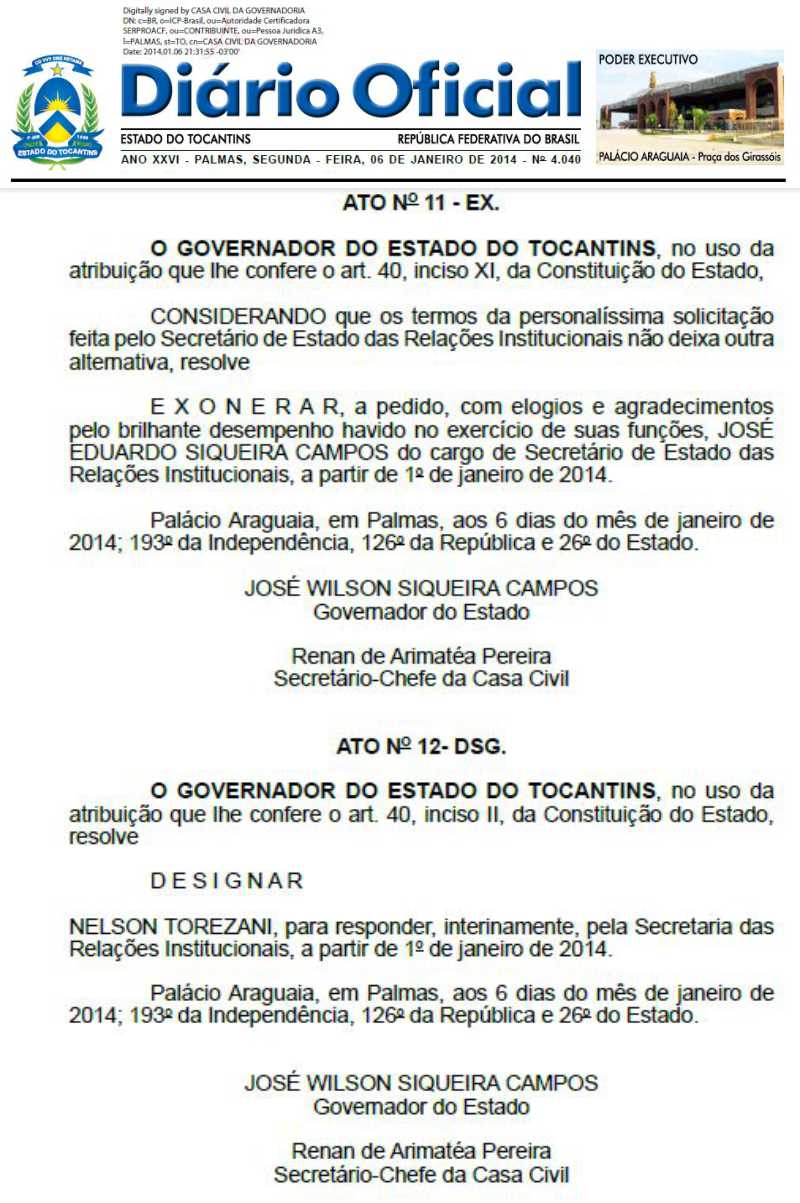 Foto Reprodução Diário Oficial do Estado do Tocantins